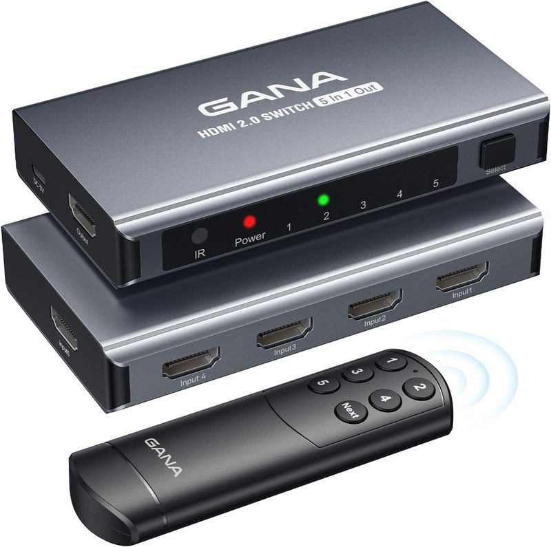 GANA HDMI Switch 5 in 1 Out 4K@60Hz, HDMI Splitter Switcher with Remote, Aluminum HDMI 2.0 Switch Box Hub for 3D, HDCP2.2, HDR, Compatible with Xbox, PS5/4/3,Fire Stick,Roku,Blu-Ray Player - Image 1